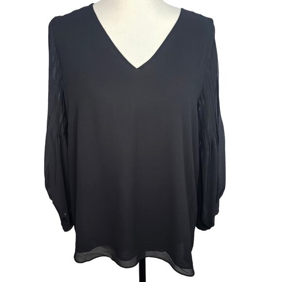 Naked Zebra Top Black V-Neck Blouse Sheer Pleated Balloon Sleeves Large - Picture 1 of 9